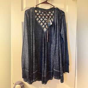 olivia sky women’s indigo blue open face long sleeve cardigan lattice backing